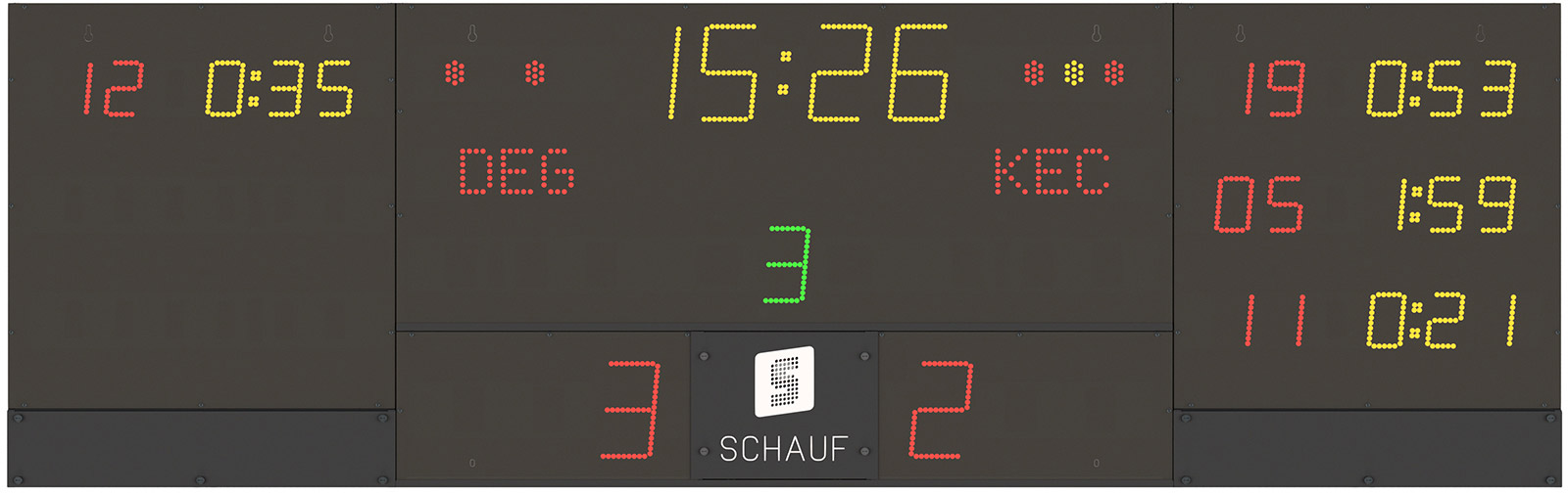 Eishockey Anzeigetafel Schauf STAR mit Zusatzmodul Strafanzeige frontal 3 Strafen nebeneinander