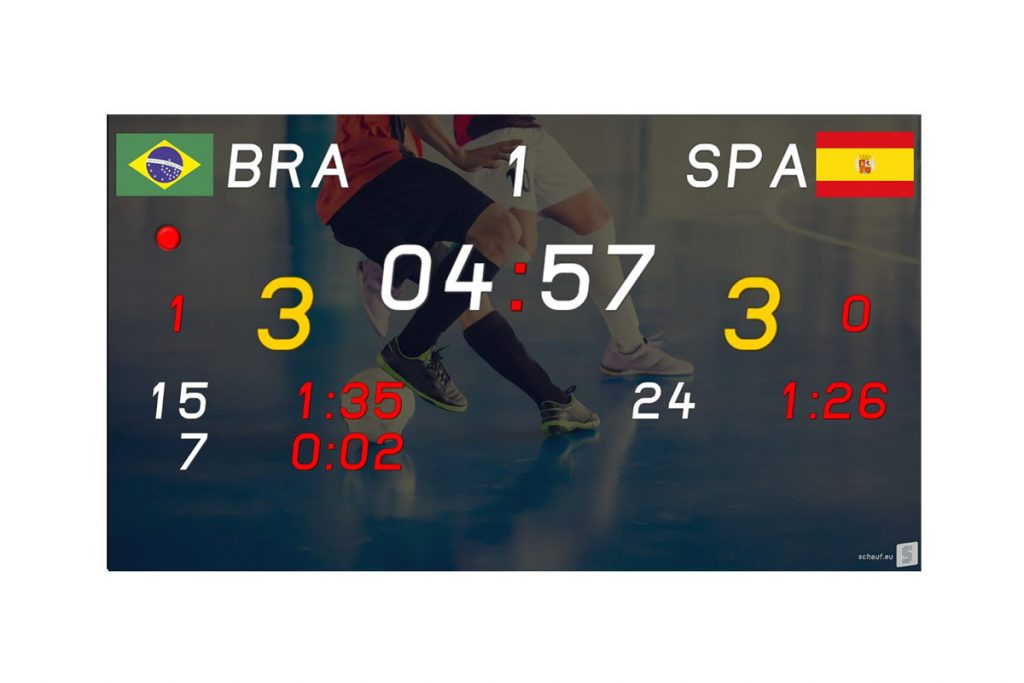 Videodisplay Futsal mit allen Spieldaten inklusive Teamfouls und 2 Minuten Strafzeit pro Spieler herunterlaufend